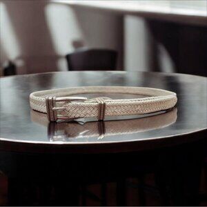 Talbots Women's White Woven Belt Size M Braided Leather Silver Buckle